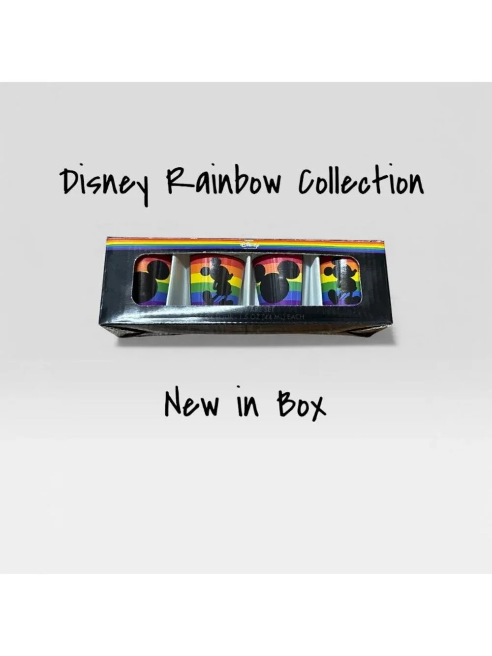 Disney Mickey Mouse Shot Glasses four 1.5 oz (44 ml) Fluid Oz New in Box